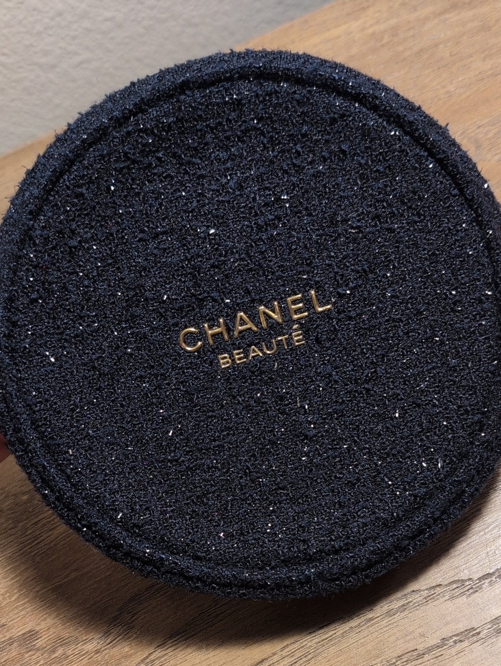 CHANEL Navy Blue Tweed Round Makeup Cosmetic Bag Pouch